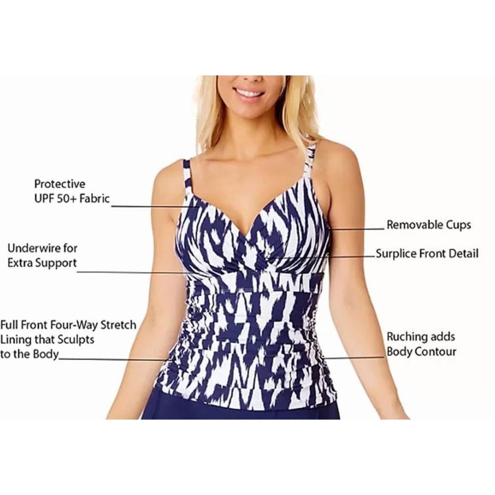Anne Cole Tankini Top Womens Size M Navy White UPF 50+ Swim Beach Vacation Lined - Picture 9 of 9